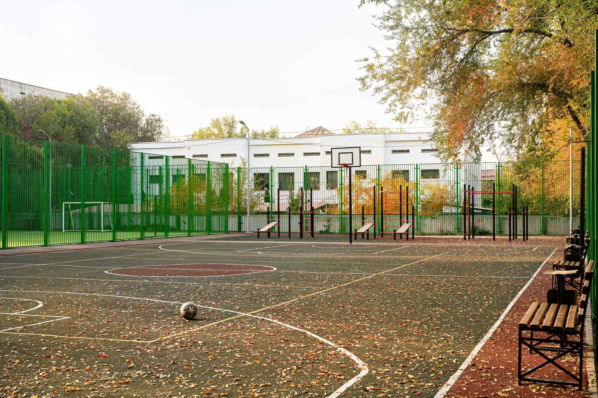 Basketball court behind the school building. The ball on the basketball court